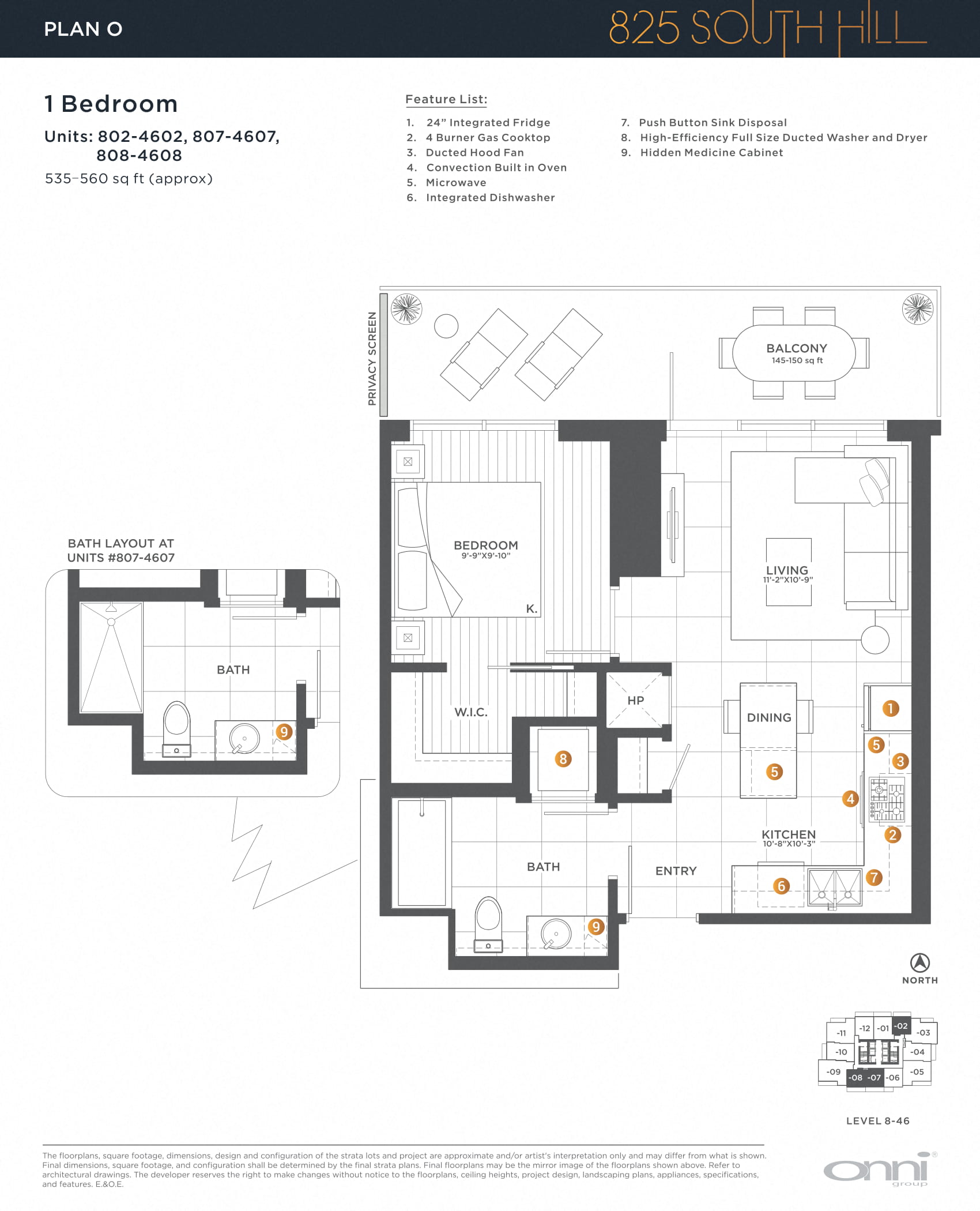 Floor plan for 1 bed, 1 bath, 538 sqft